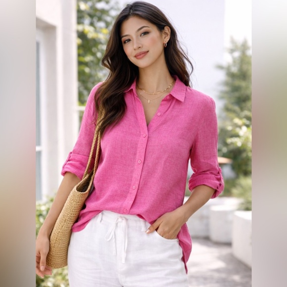 Coldwater Creek Pink 100% Linen Button Front Blouse Size Large